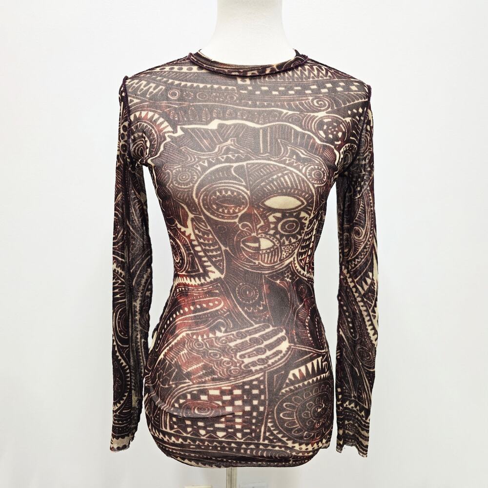 VTG Y2K Jean Paul Gaultier Mesh Top Brown Aztec Tribal Print JPG Classique Large